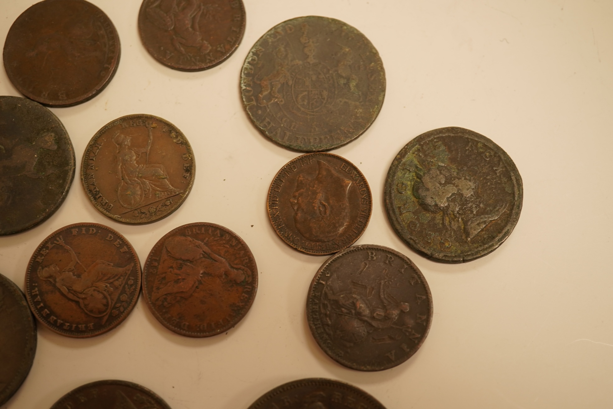 Twenty three copper coins including a William IV penny
